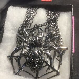 Giant Spider Pendant Necklace Dark Silver Grey Metal & Black Rhinestones in Webb